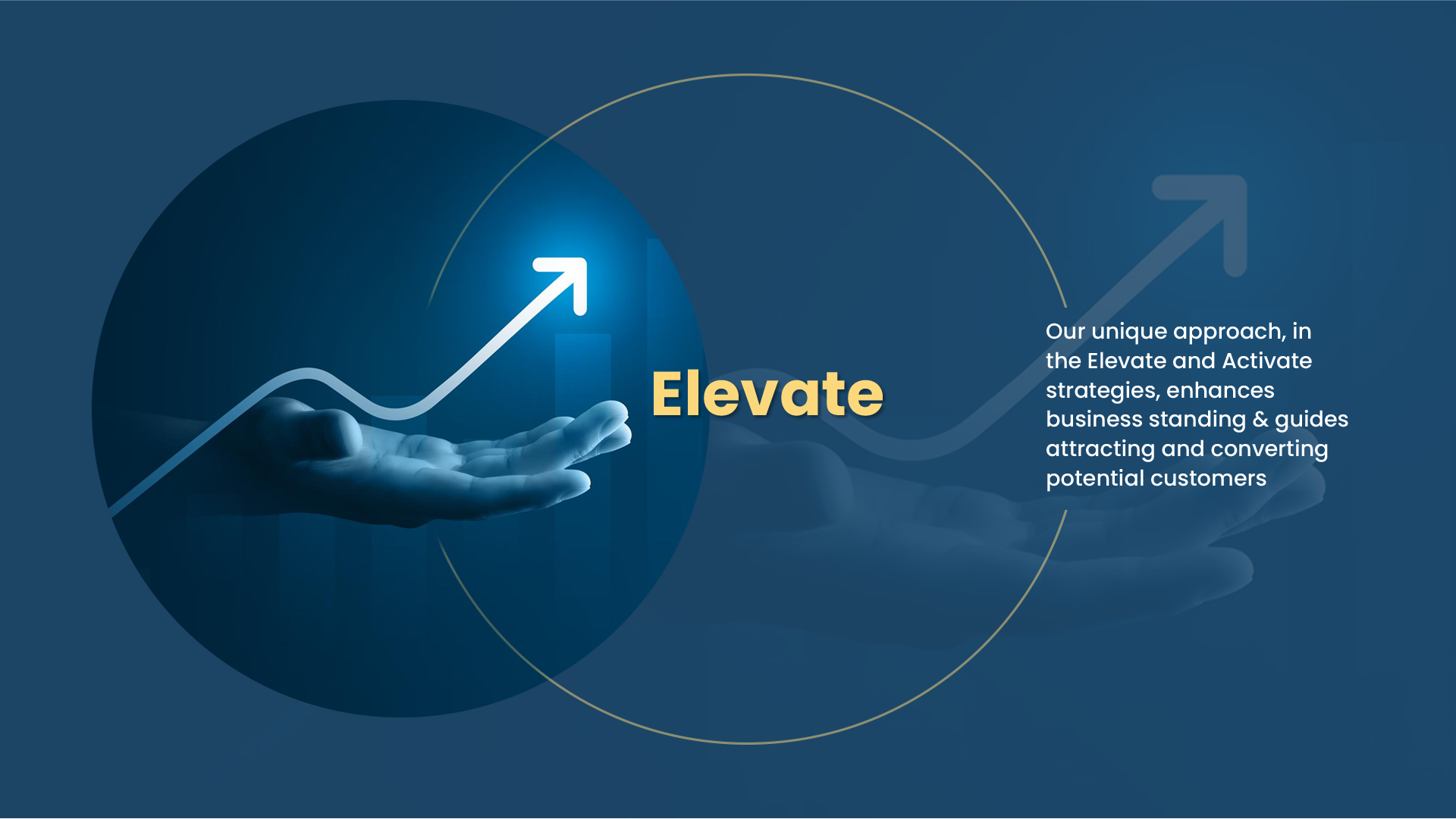 A digital graphic with the word "Elevate" in bold, gold text, featuring a glowing upward arrow emerging from a hand.